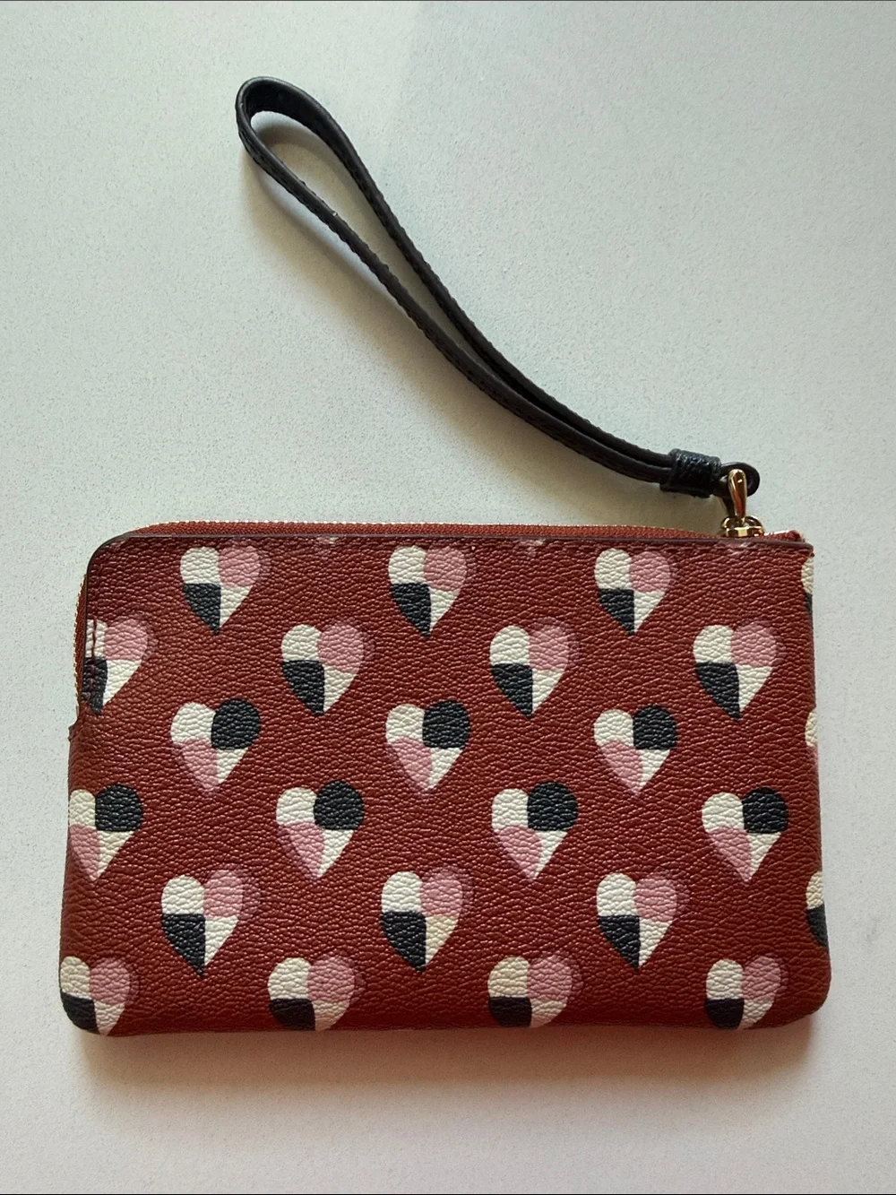 Coach Checked Red Heart-Print Leather Corner Zip Wristlet w/ Black Strap